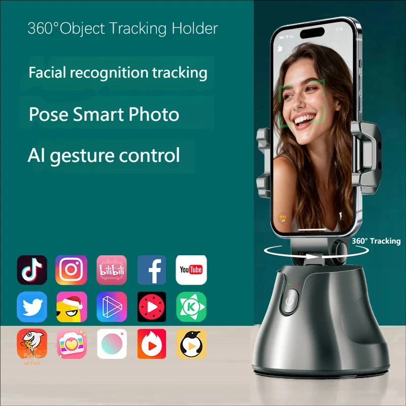 

Держатель для телефона с автоматическим отслеживанием лица и тела с помощью ИИ/приложение для загрузки, 360° ° Вращающийся трекинговый штатив, интеллектуальный кронштейн для съемки