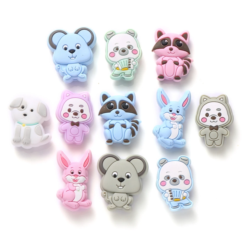 10Pcs Animal Silicone Beads Cartoon Cute Dog Mouse Bunny Teether Beads For Nursing Chew Toy Making DIY Pacifier Chain Keychain