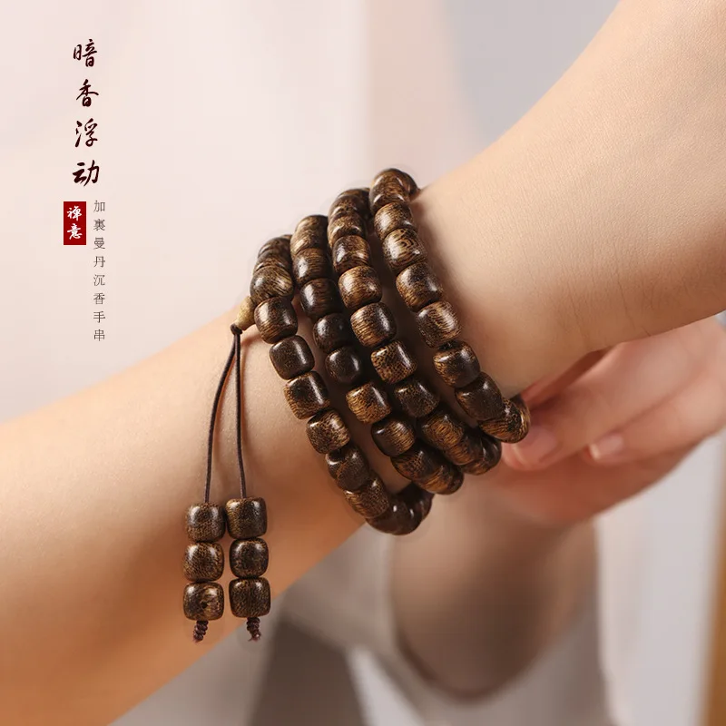 Natural Kalimantan Agarwood bucket beads hand string old material 108 Buddhist man women couple bracelet retro style hand string