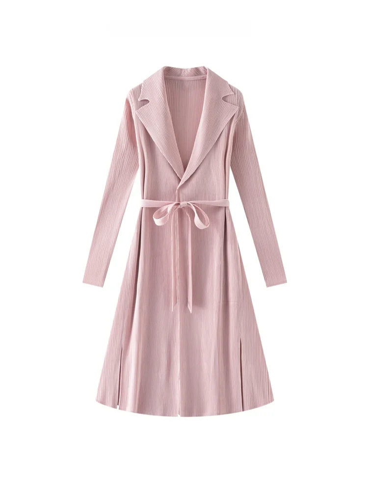 

Elegant Long Sleeve Windbreaker Coat with Pleated Design V-Neck Outerwear for Women Commute Style Polyester Fiber Spring New