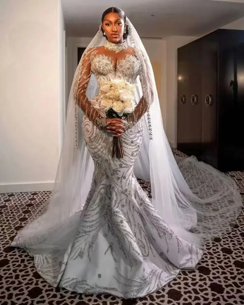 

Customized Mermaid Wedding Dress Shine High O-Neck Long Sleeve Plus Size Sweep Train Bridal Gowns Dress Vestido De Novia