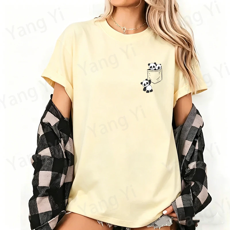 Hot Fake Pocket Panda Pattern Print T-shirt Summer Casual Loose Cotton T Shirt Women Men Harajuku Shirt Street Fashion Tee Tops