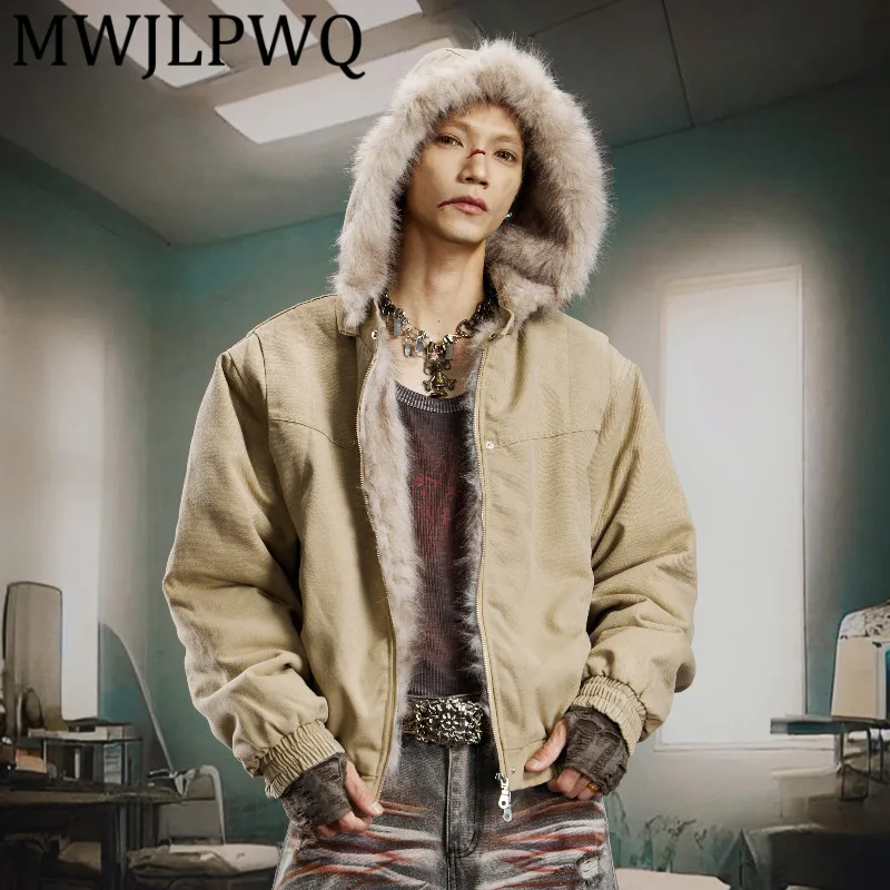 

MWJLPWQ Мужская уличная куртка с меховым воротником и капюшоном, съемная моющаяся утолщенная куртка, винтажная универсальная короткая стеганая теплая хлопковая куртка 12584