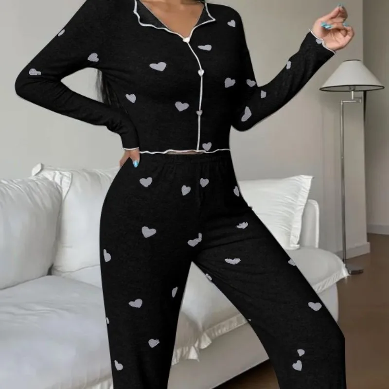 Women's American-Style Fall/Winter Fleece-Lined Collared Pullover and Long Pants Set—long-Sleeve Loungewear for Spring and Fall