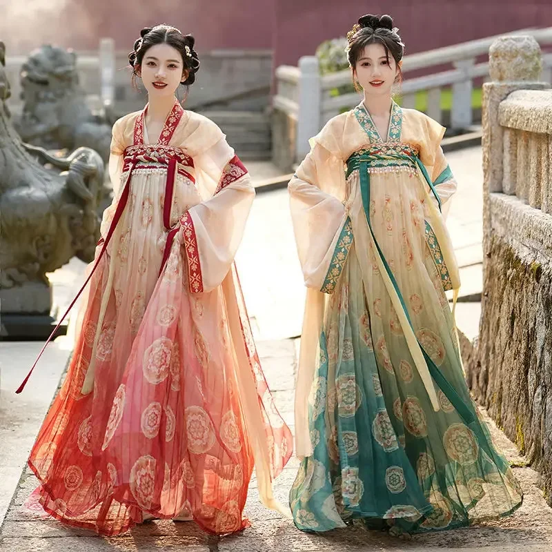 

Chinese Style Hanfu Set Ancient Tang Dynasty Costume Women Elegant Mesh Dresses Improved Embroider Qipao Court Princess Cosplay