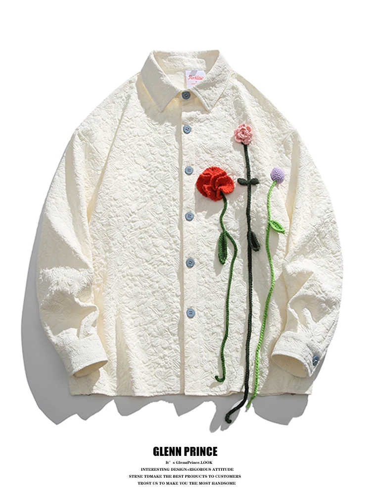 

New Chinese Retro 3D Rose Texture Long Sleeve Men's Shirt Spring Small Audience Design GPstudio Youth Popular Polyester Casua...