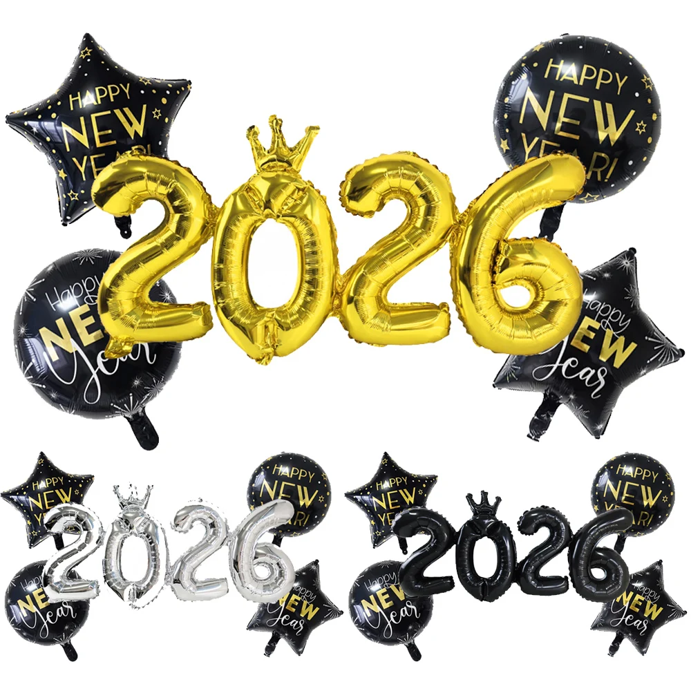 2026 مجموعة بالونات سنة جديدة سعيدة زينة بالون نجمة خماسية 2026 مجموعة بالونات أرقام لمستلزمات حفلات السنة الجديدة لعام 2026
