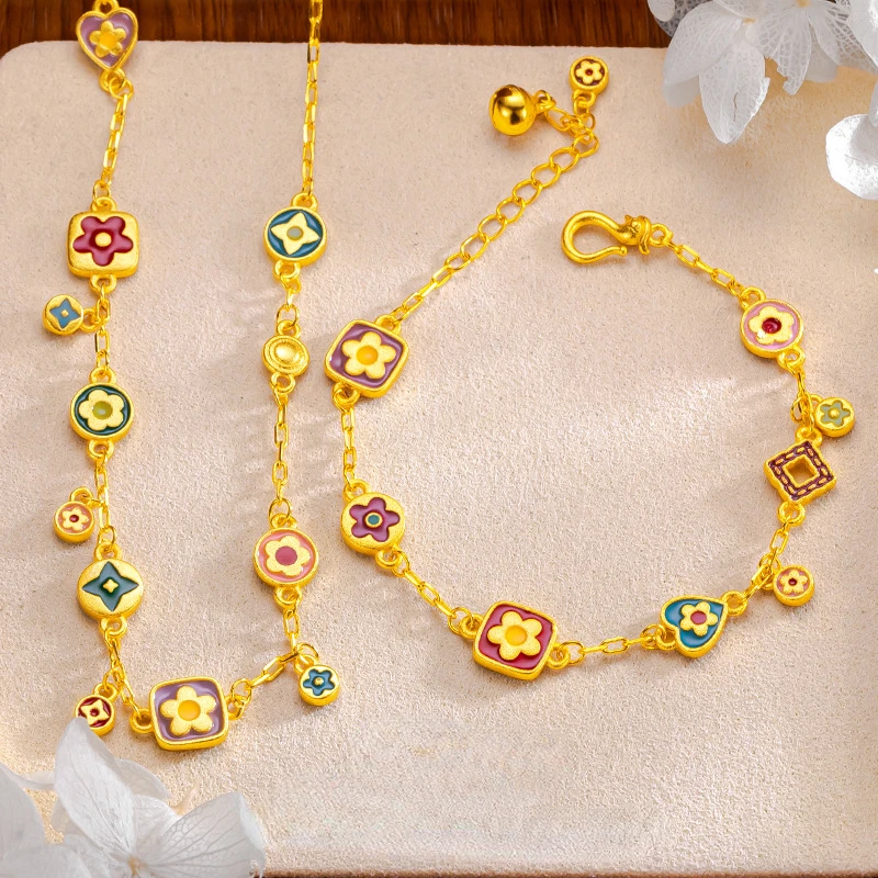 Chinese Style Colorful Gold 18 K Color Bracelet Necklace for Women Engagement Birthday Valentine's Day Jewelry Set Gifts