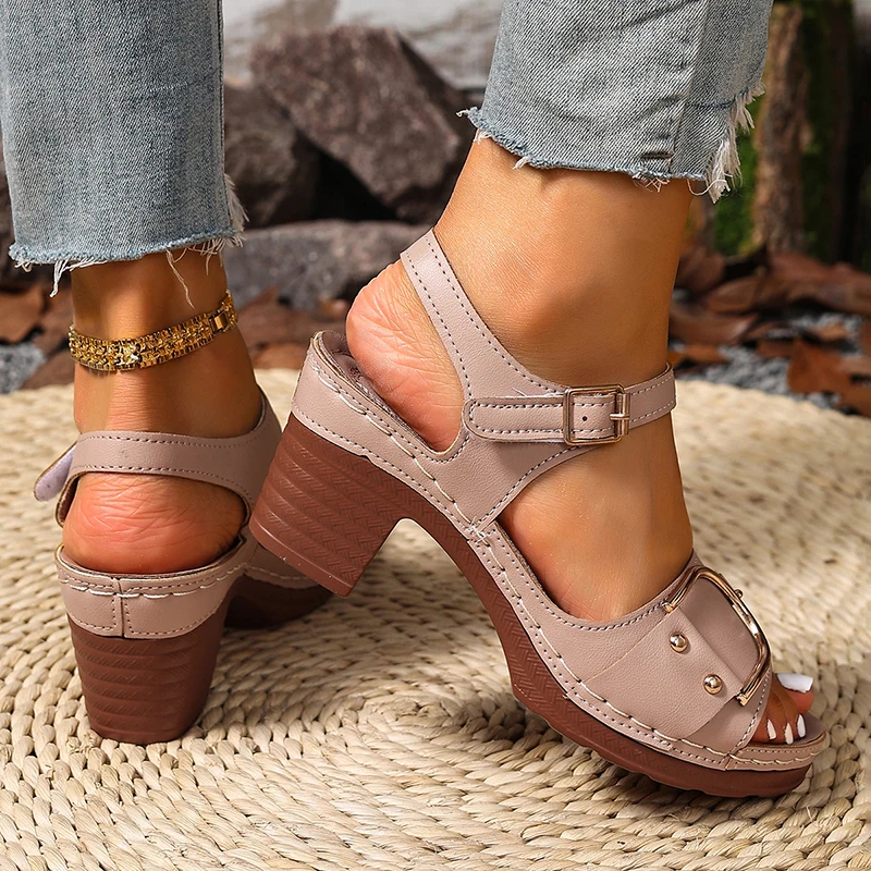 Fashion Metal Decor Chunky Heel Sandals for Women Summer Lightweight Beach Sandles Woman Plus Size Buckle Strap Casual Sandalias image 4