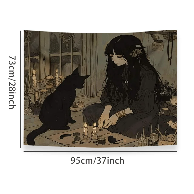 نسيج السحر الغامض يتميز بفتاة مع قطة سوداء وشموع، مثالي لإضافة سحري وساحر