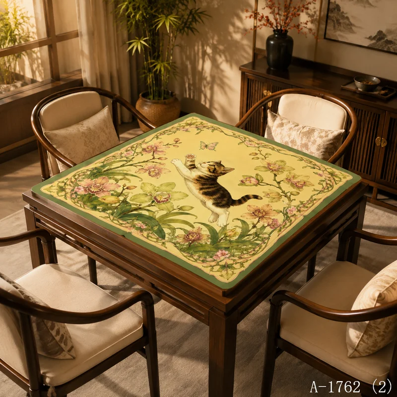 VIKAMA Vintage Chinese Red Crowned Crane Mahjong Mat Silent Non Slip Foldable Square Game Pad Plum Chinoiserie Desktop Decor