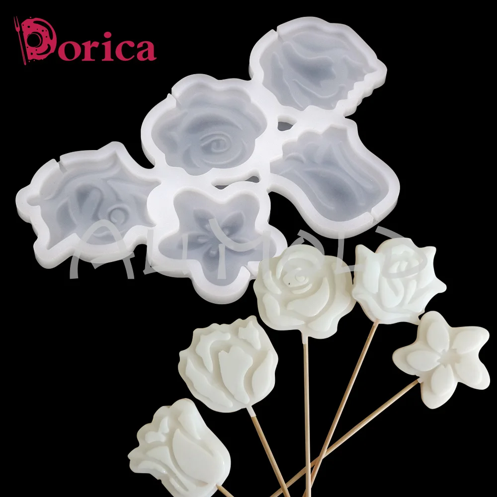 Dorica Flower Rose Lollipop Epoxy Mold Chocolate Silicone Cake Mould Cake Decorating Tools Kitchen Accessories Bakeware