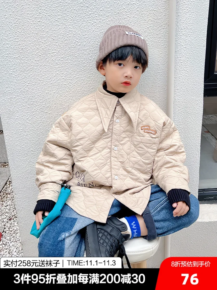 

BB Children's Clothing Boys' Pointed Collar Fleece-Lined Thick Quilted Shirt Children's Autumn Clothing Coat Top 2022 Winter