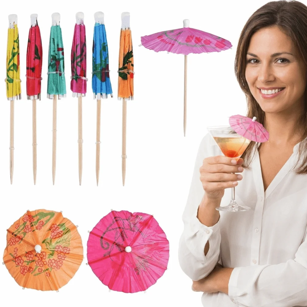100PCS Bamboo Cocktail Picks Wooden Sticks Colorful Umbrella Picks Paper Umbrella Tops Disposable Bamboo Toothpicks