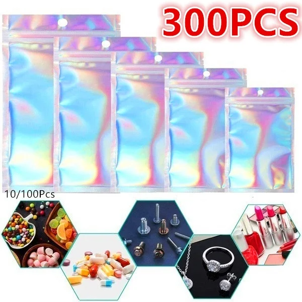 

300Pcs Eyelashe Package In Bulk Holographic Laser Zip Lock Bag Necklace Storage Custom Brand Logo Sticker Idea Gift Packaging