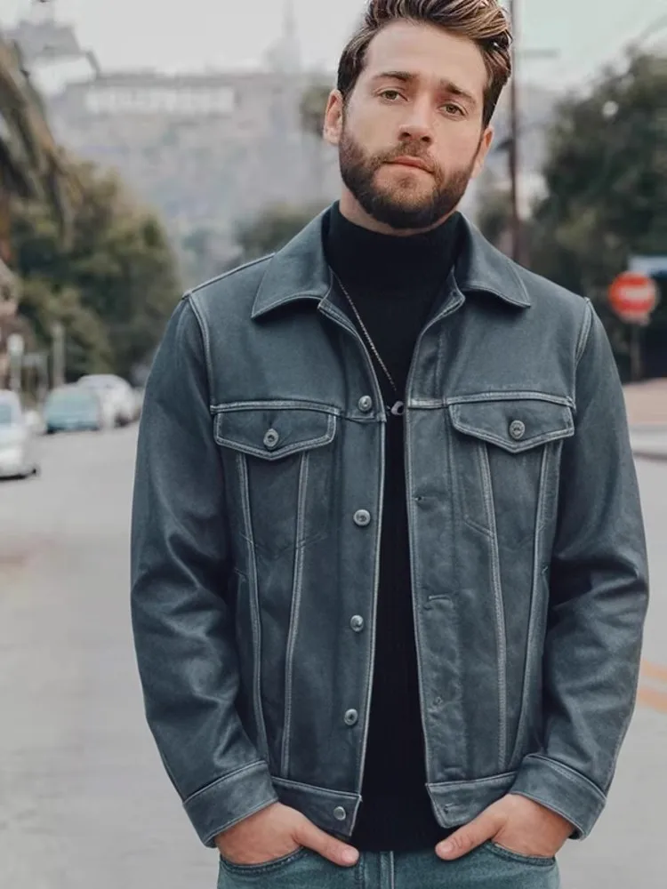 

Blue Spring Leather Jacket Men Retro Vintage Style Plus Size 4XL Genuine Natural Cowhide Single Breasted Denim Leather Coat