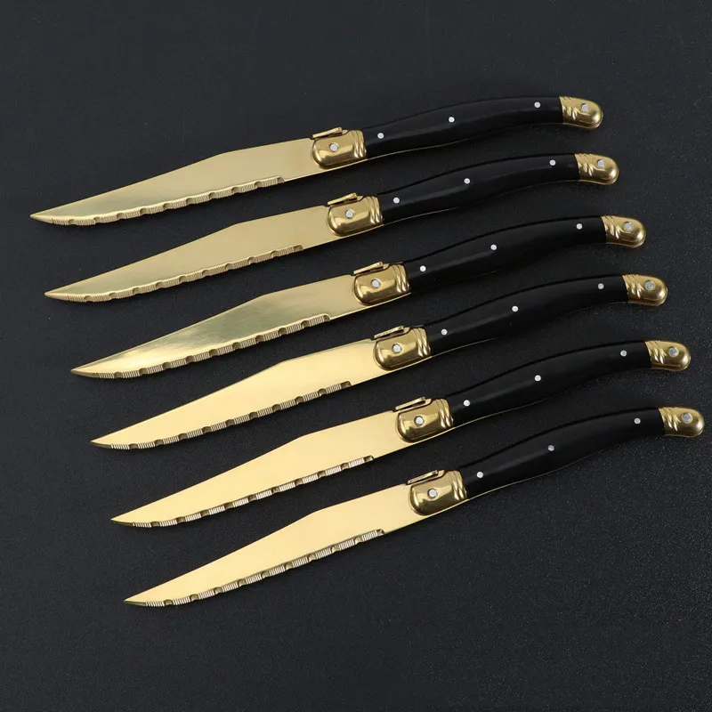 4-12Pcs 23CM 9inch Titanium Gold Plating Sharp Knives Laguiole Steak Knives Dinnerware Sets Black Golden Dinner Knife Xmas Gift