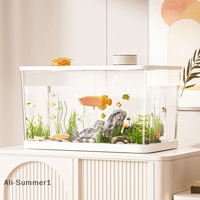 【E】PET New Transparent Mini Fish Tank Aquarium Drop Resistant Hydroponic With Lid Ecological Desktop Home Lazy Tank Turtle Tank