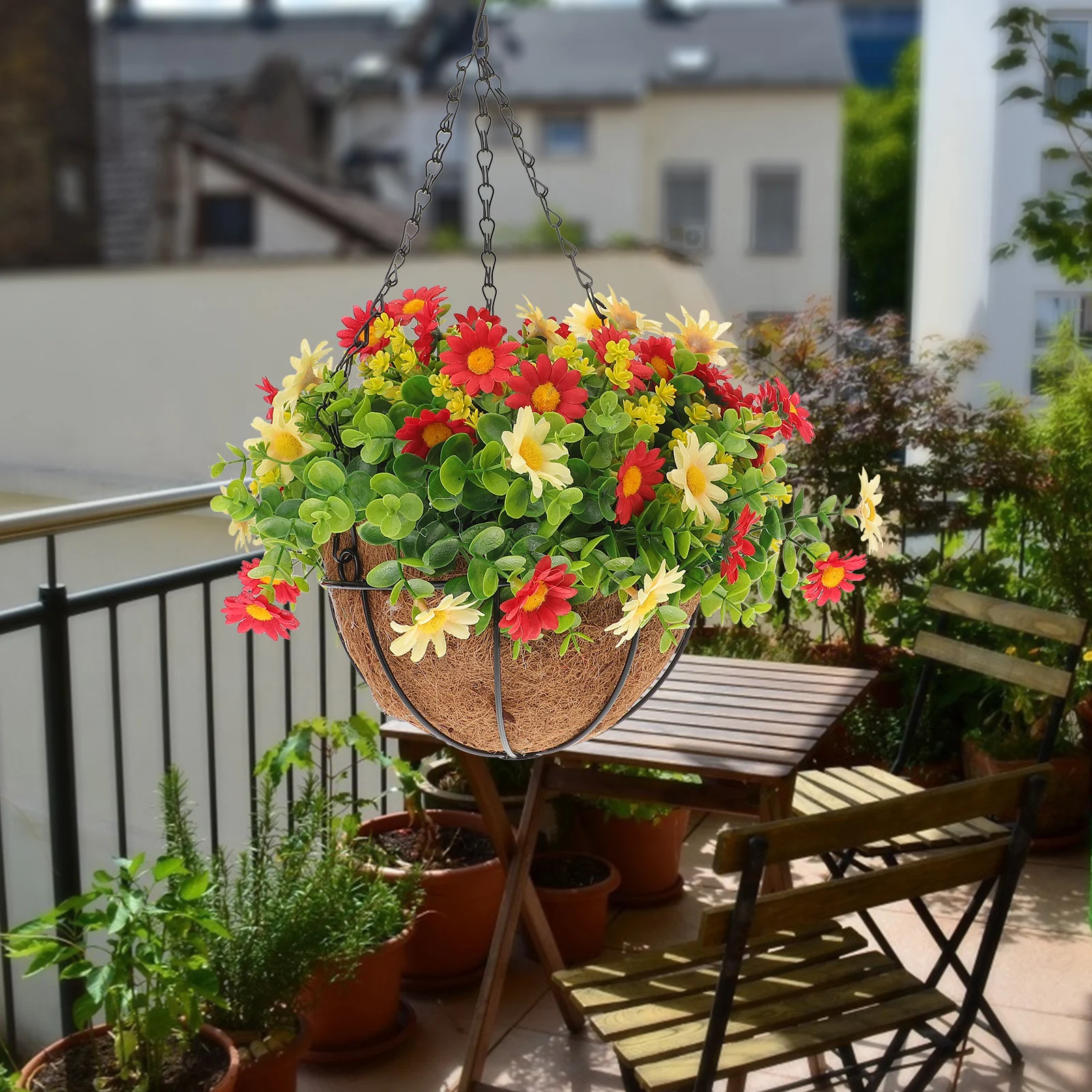 

Durable Iron Faux Rattan Hanging Flower Basket Indoor Outdoor Plant Container Decorative Gardening Supplies