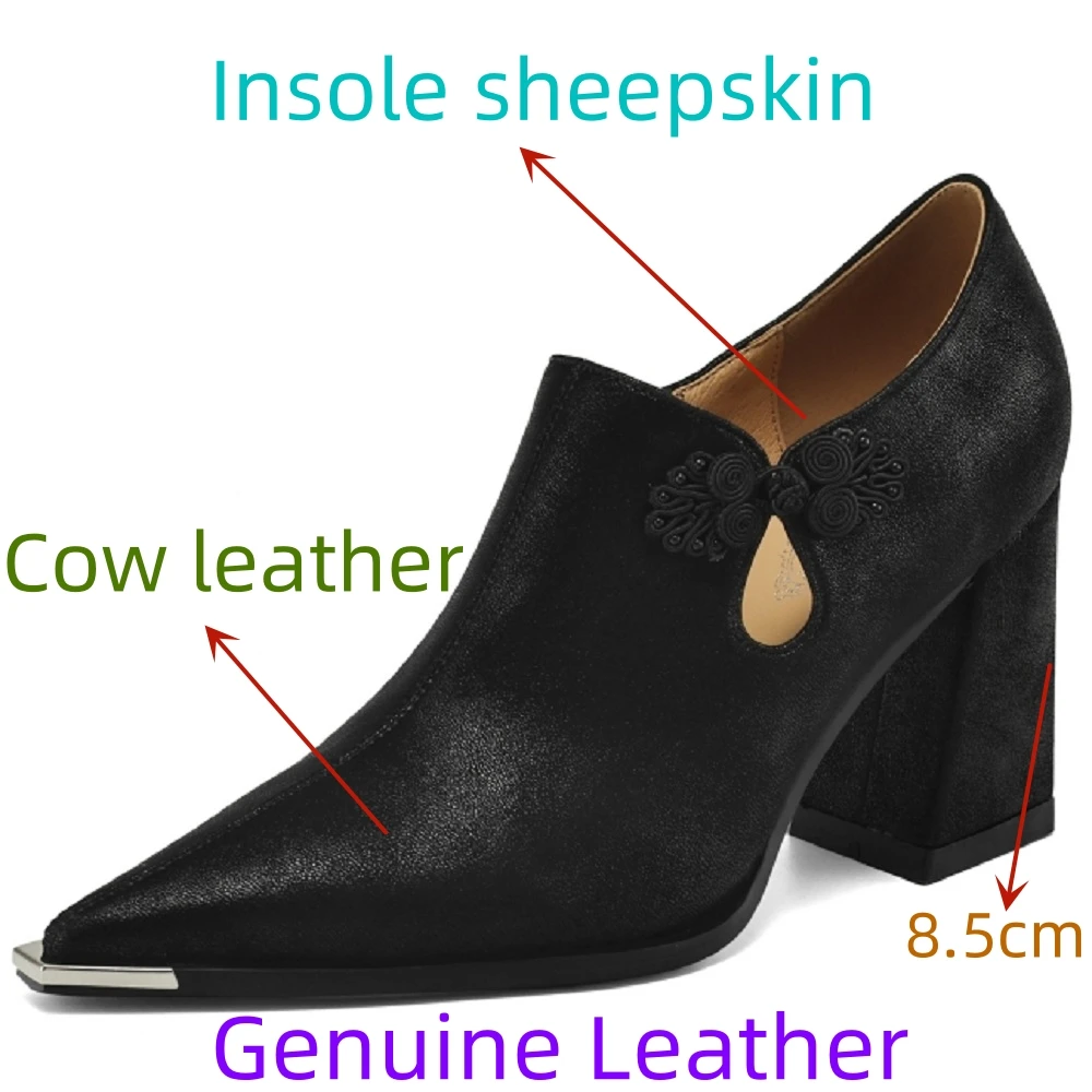 【JOCHEBED HU】Brand Genuine Leather Pointed Toe Dress Shoes Woman Slip On Office Pumps Shoes Top Quality High Heels 34-40