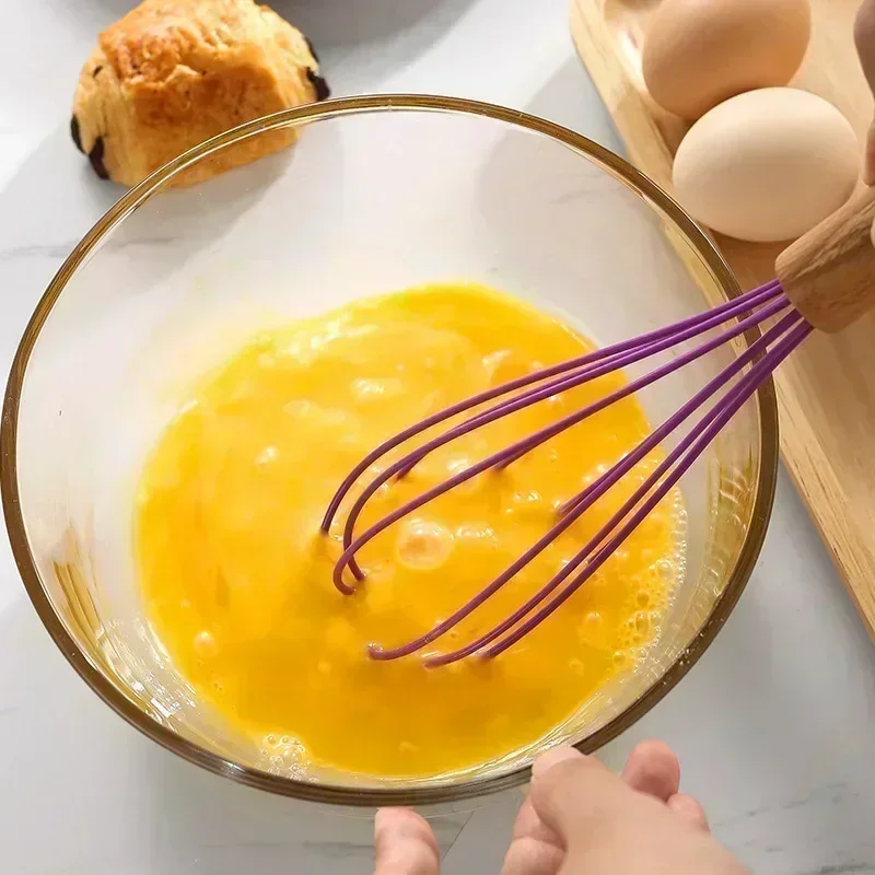 Silicone Egg Beater Whisk Wooden Handle Kitchen Hand Egg Beater Gadgets Kitchen Tools Baking Accessories  Kitchen Gadgets