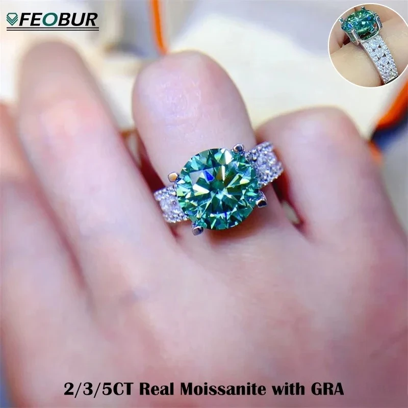 

FEOBUR 2/3/5CT Green Moissanite Rings for Women Certified 925 Sterling Silver Lab Diamond Engagement Ring Wedding Jewelry GRA