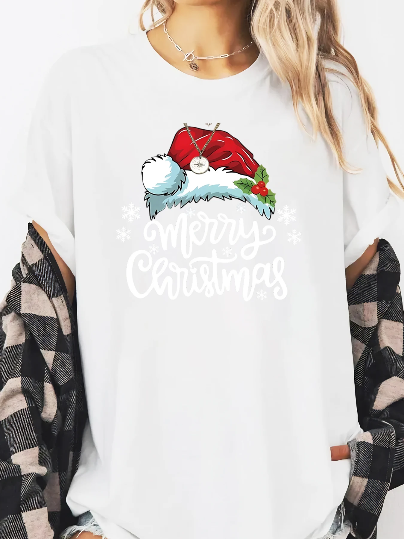 

Santa Hat Merry Christmas Print T-Shirt Holiday Women Casual Wear White Plus-size