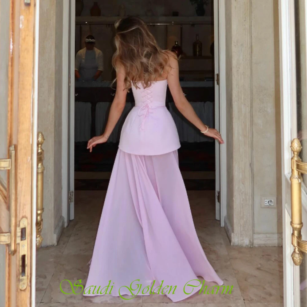 Abito da sera semplice in chiffon rosa personalizzato Abiti da festa senza maniche con scollo a cuore formale Delicato abito da ballo dritto con strascico