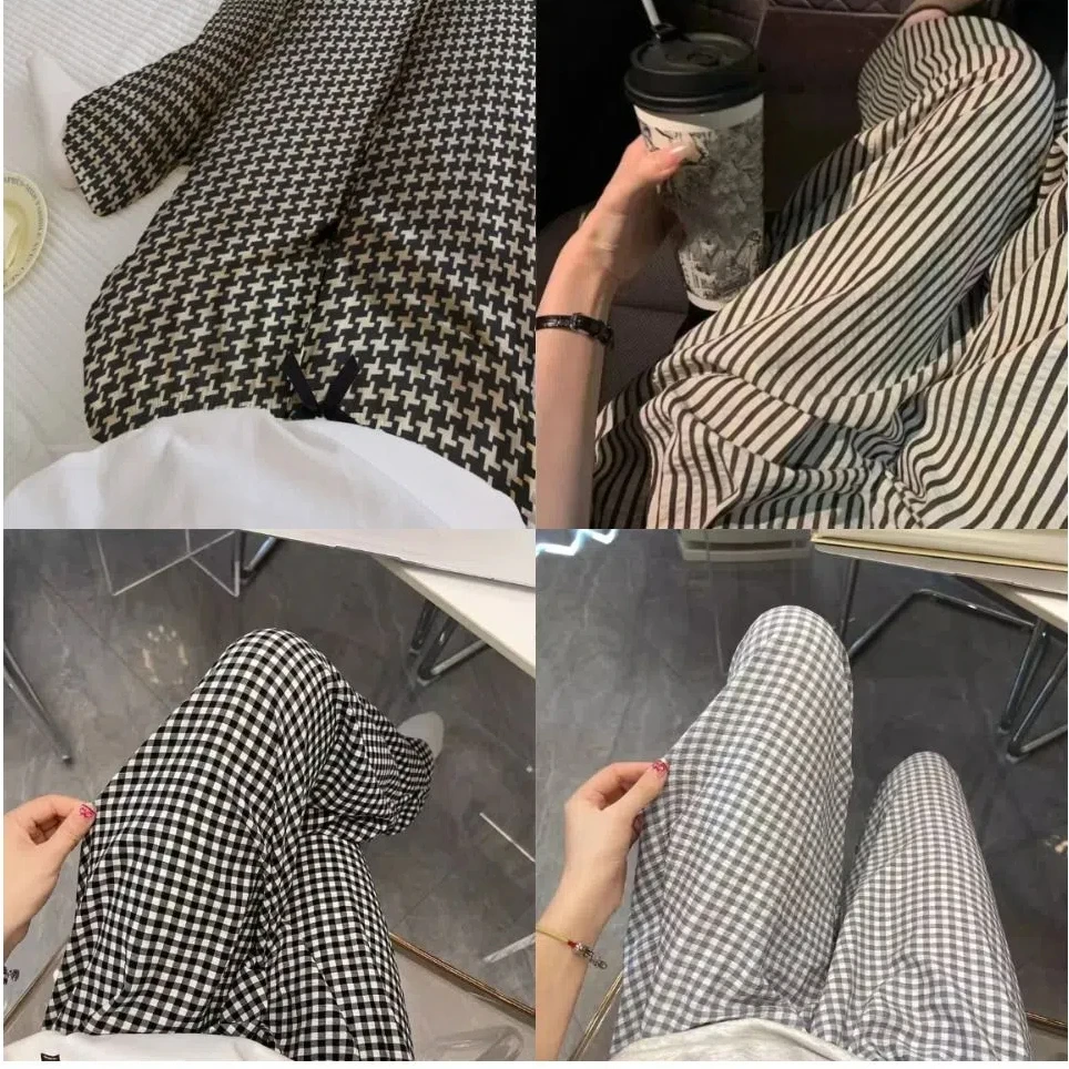 

Soft Stripe Plaid Casual Pants Women High Waist Pajamas Sweet Trousers Nightwear Wide Leg Girls’ Sleepwear Spring Autumn