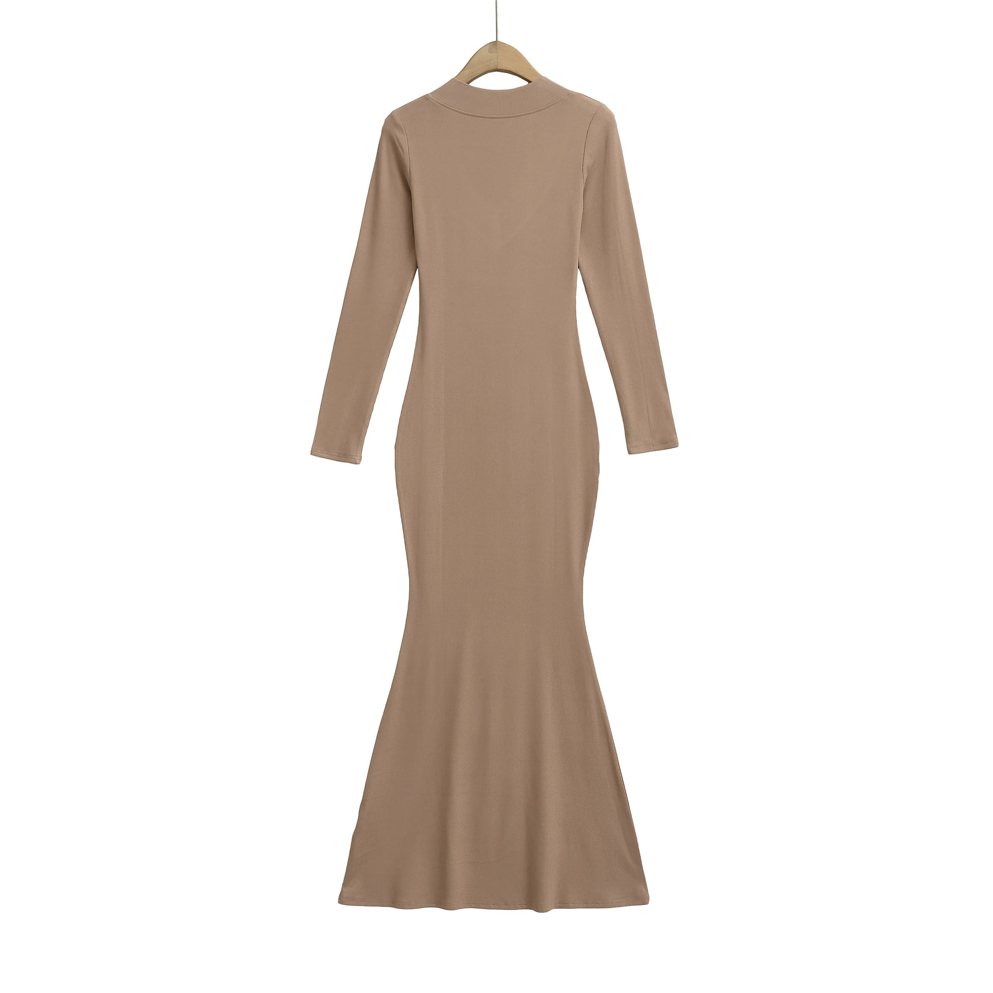 2025 Sexy V Collar Rib Knitted Rayon Cotton Long Mermaid Dress Women Full Sleeve Stretch Basic Bodycon Fishtail Robe Vestido