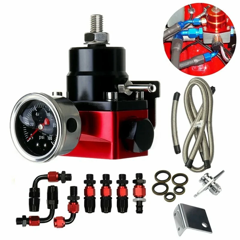 Black-Red Adjustable Fuel Pressure Regulator Kit Oil 0-100Psi Gauge -6AN 6AN