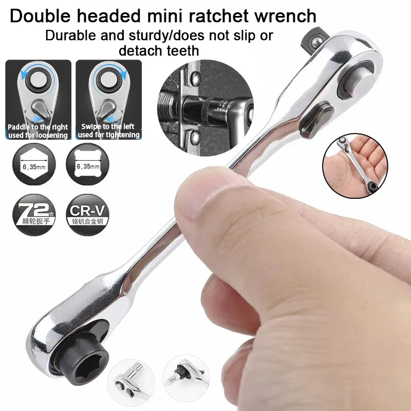 

New Mini 1/4 Inch 2-in-1 Ratchet Double Head Wrench Socket Wrench Socket Wrench