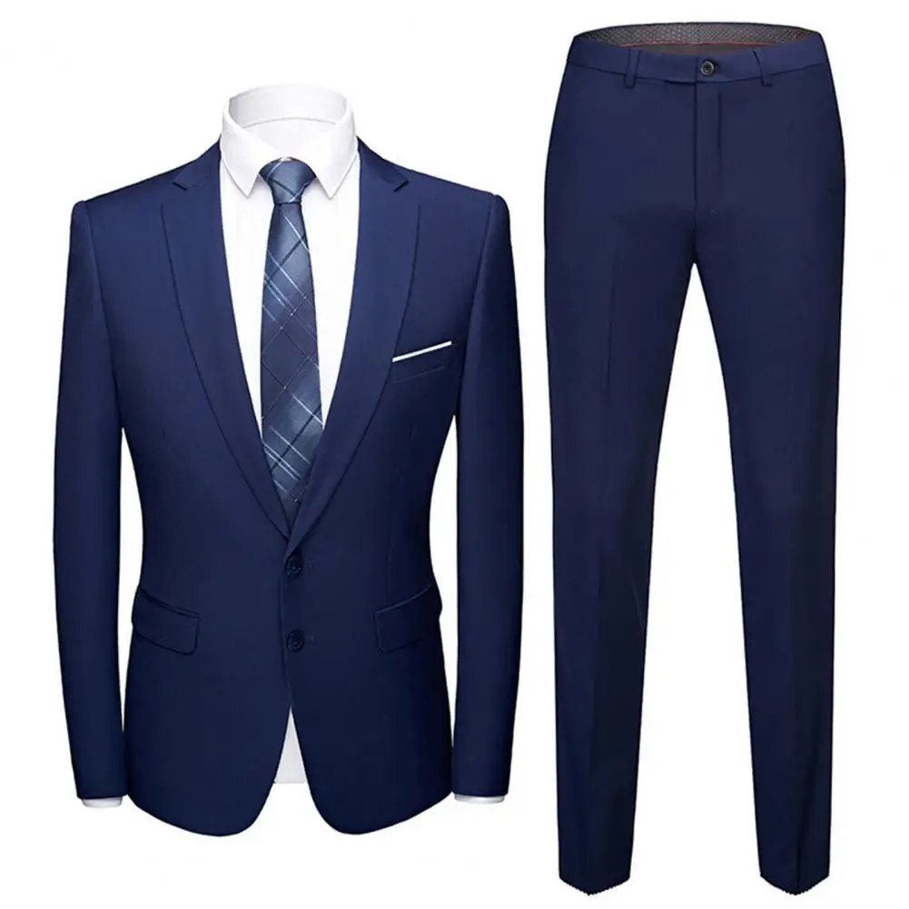 1 Set Blazer Pants Solid Color Turndown Collar Long Sleeve Slim Fit Two Buttons Formal Suit for Wedding Banquet Prom