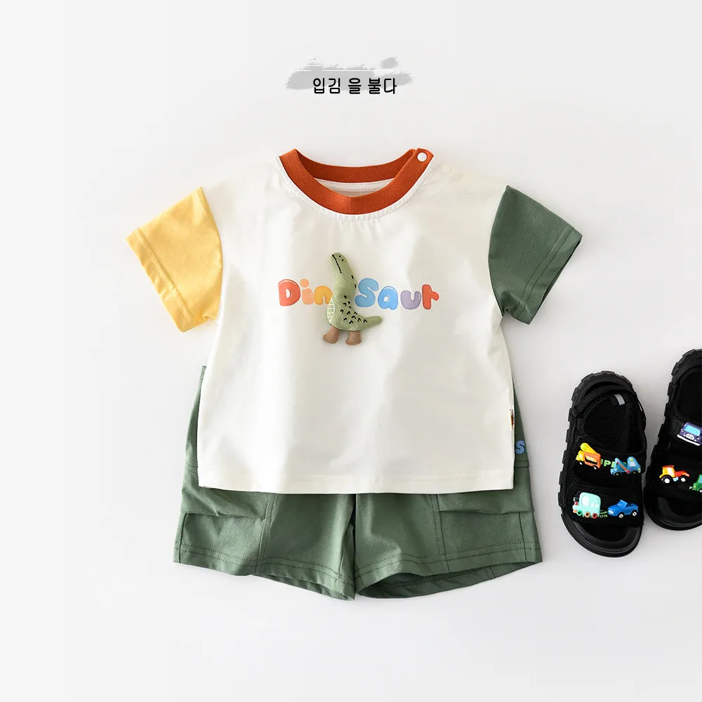 

toddler clothes boys' suit set Summer boys' 2-piece set Cartoon dinosaur pattern short-sleeved shirt + shorts