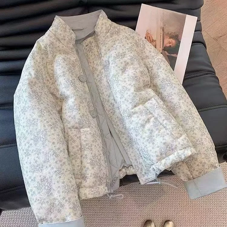 

Blue Floral Print Stand Collar Thiened Cotton Jaet Women's Winter Casual Loose Korean Sle Sweet Warm Cotton Coat