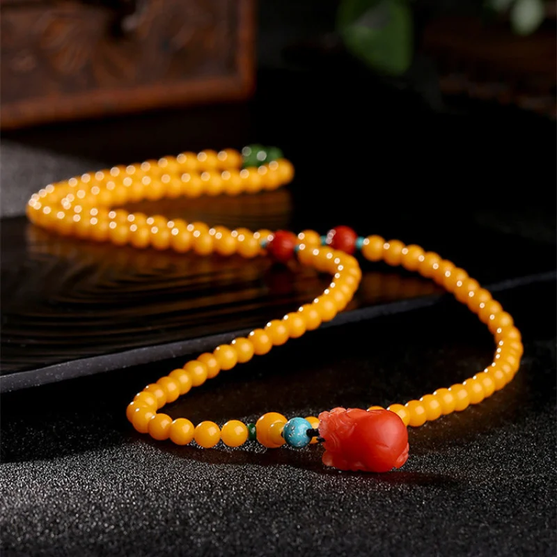 108 Beads Bracelet Pendant Necklace Red Pixiu Amber Multi-circle Unisex