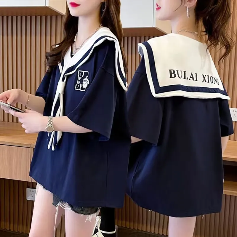 Sailor Collar Short Sleeve T-shirt 2023 New Summer Women Cotton T Shirt Students Casual Tee Top Female Loose Short T-shirt