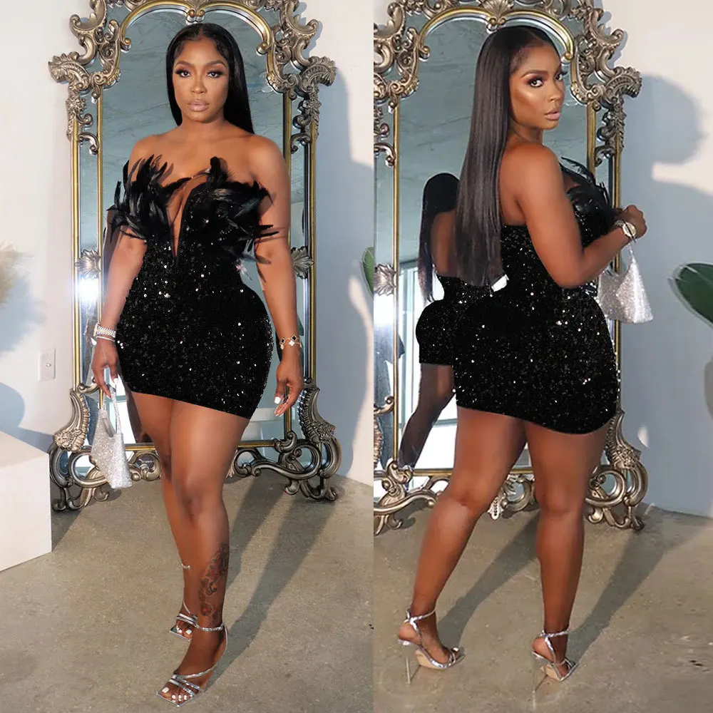 

Luxury Birthday Women Dress Feathers Sequin Strapless Deep V-neck Black Bodycon Mini Dresses Sexy Club Party Night Prom Robe New