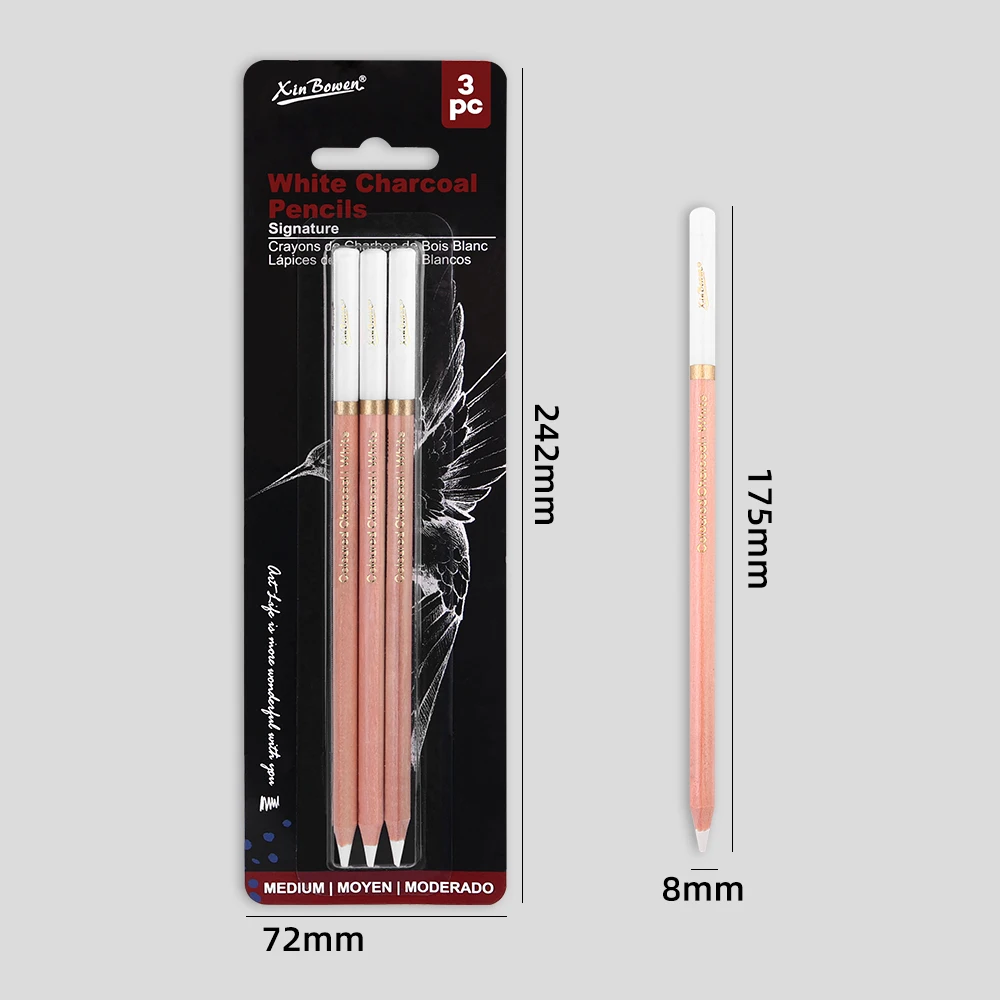 White Charcoal Pencils Set 3pcs Medium Professional Art Supplies Drawing Sketching Highlighting Shading Tool for Artists Student