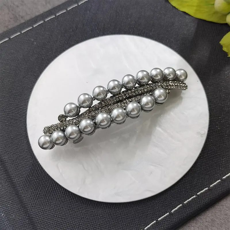 New color double row imitation pearl spring clip vintage zircon boutique horizontal clip elegant mother fashion hair accessories