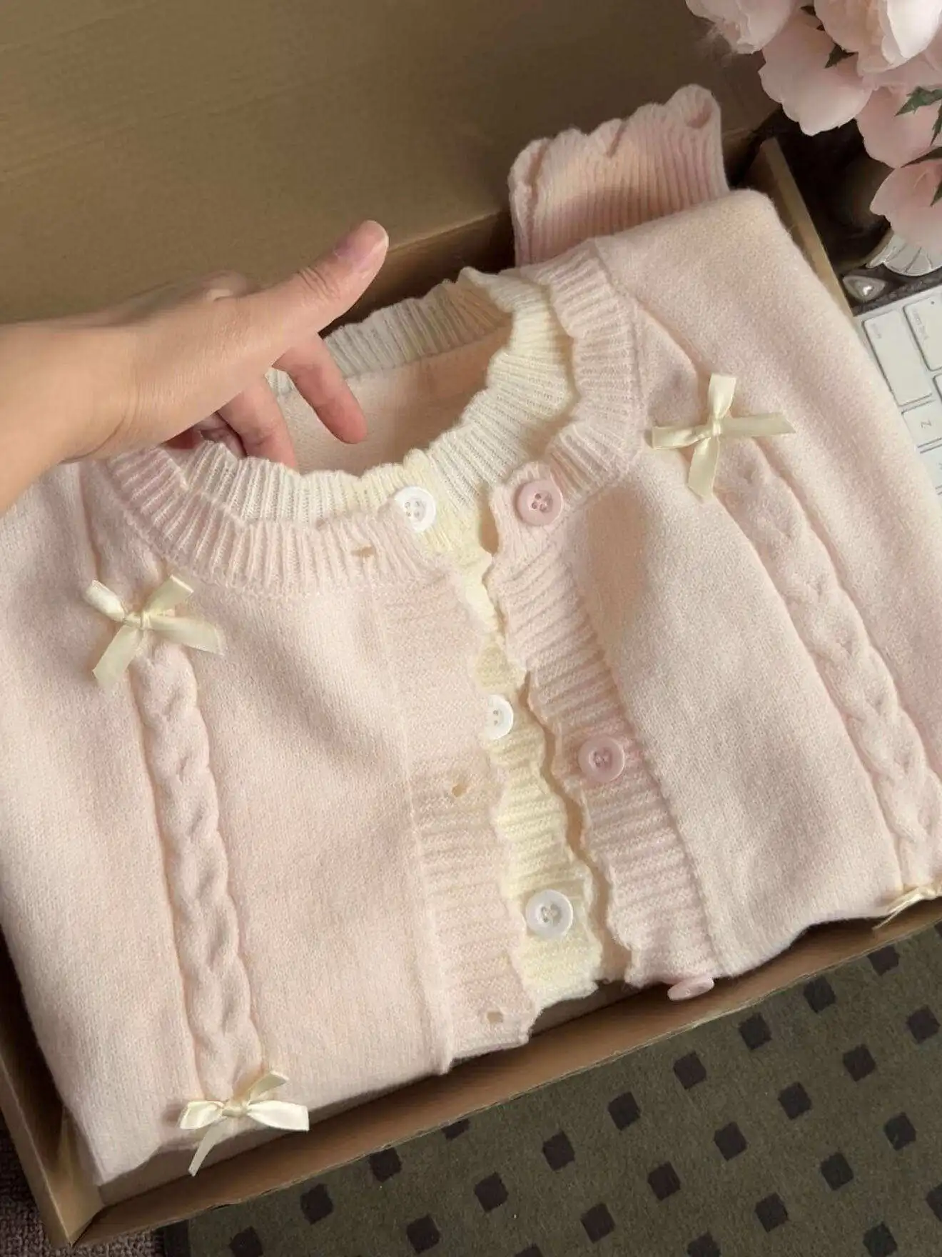 

Korean Style Sweet Pink Bow Knot Knitted Open Cardigan Women's Spring Autumn Soft Temperament Lazy Sweater Coat Loose Fit
