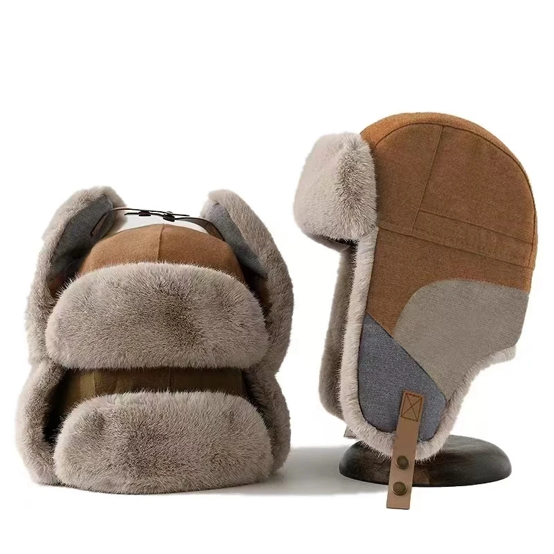 Russian Hat For Men Earflap Pilot Hat Winter Korean Splicing Faux Rabbit Ushak Bomber Trapper Thickened Warm Cap Women's Ski Cap