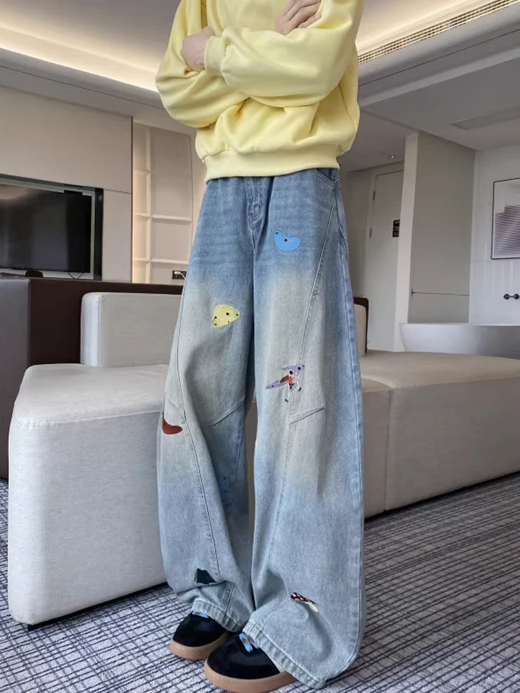 Męskie jeansy z nadrukiem w stylu casual, amerykańskie, modne na jesień, uniwersalne, do noszenia na co dzień, luźne spodnie z prostymi nogawkami.