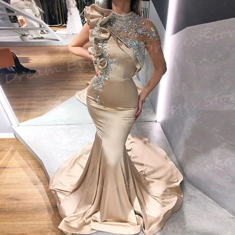 Arabic Classic Popular Champagne Women's Mermaid Gorgeous Evening Dresses High Neck Beabed Prom Gowns Cap Sleeve فساتين سهرات