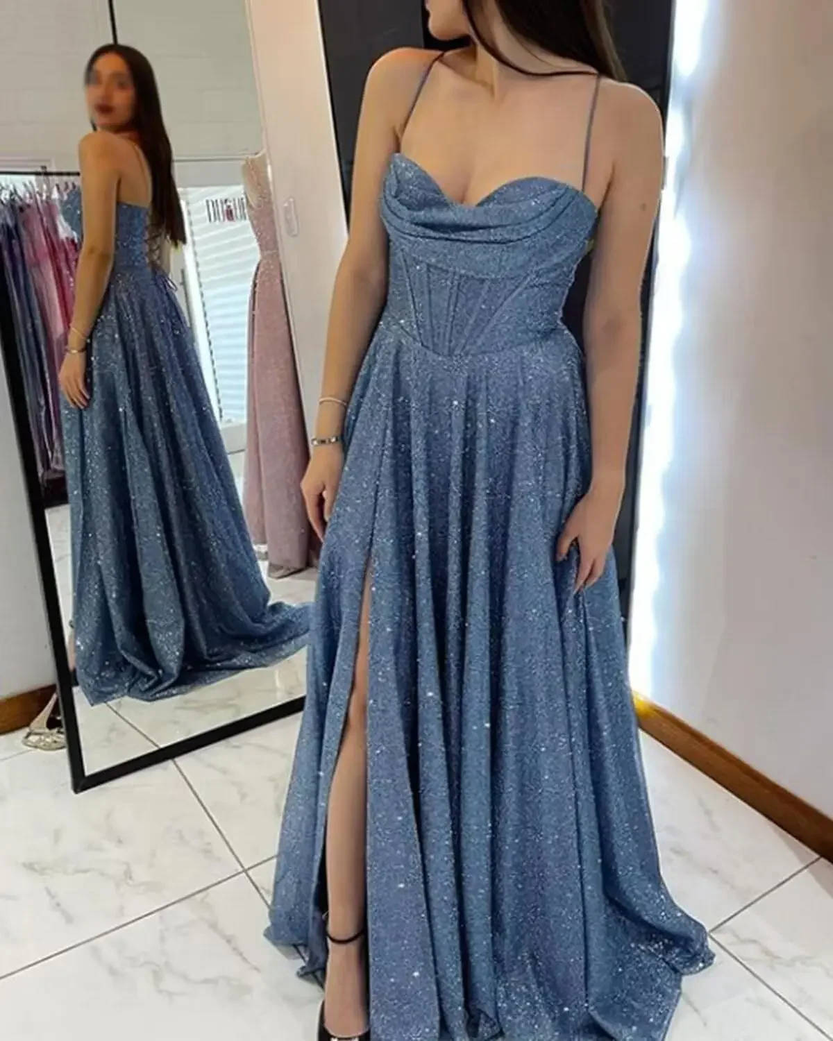 

Cowl Neck Side Slit Prom Dresses for Teens A Line Sparkly Tulle Formal Evening Gowns Formal Dress Women Elegant Party Dress