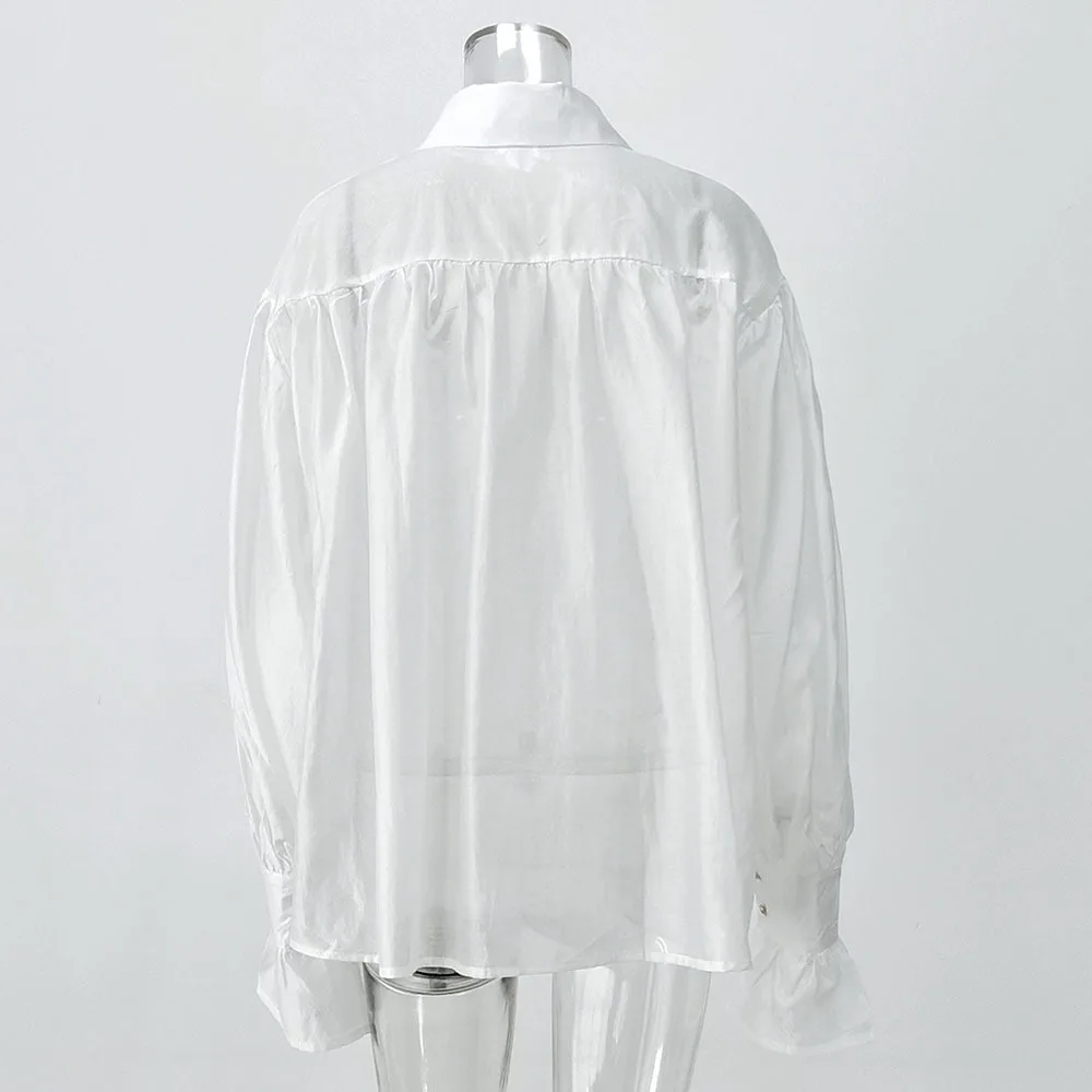 Otoño francés Sexy pura Color sólido ligero camisa de mujer mangas linterna elegante suelto botón solapa blusa Tops de gran tamaño