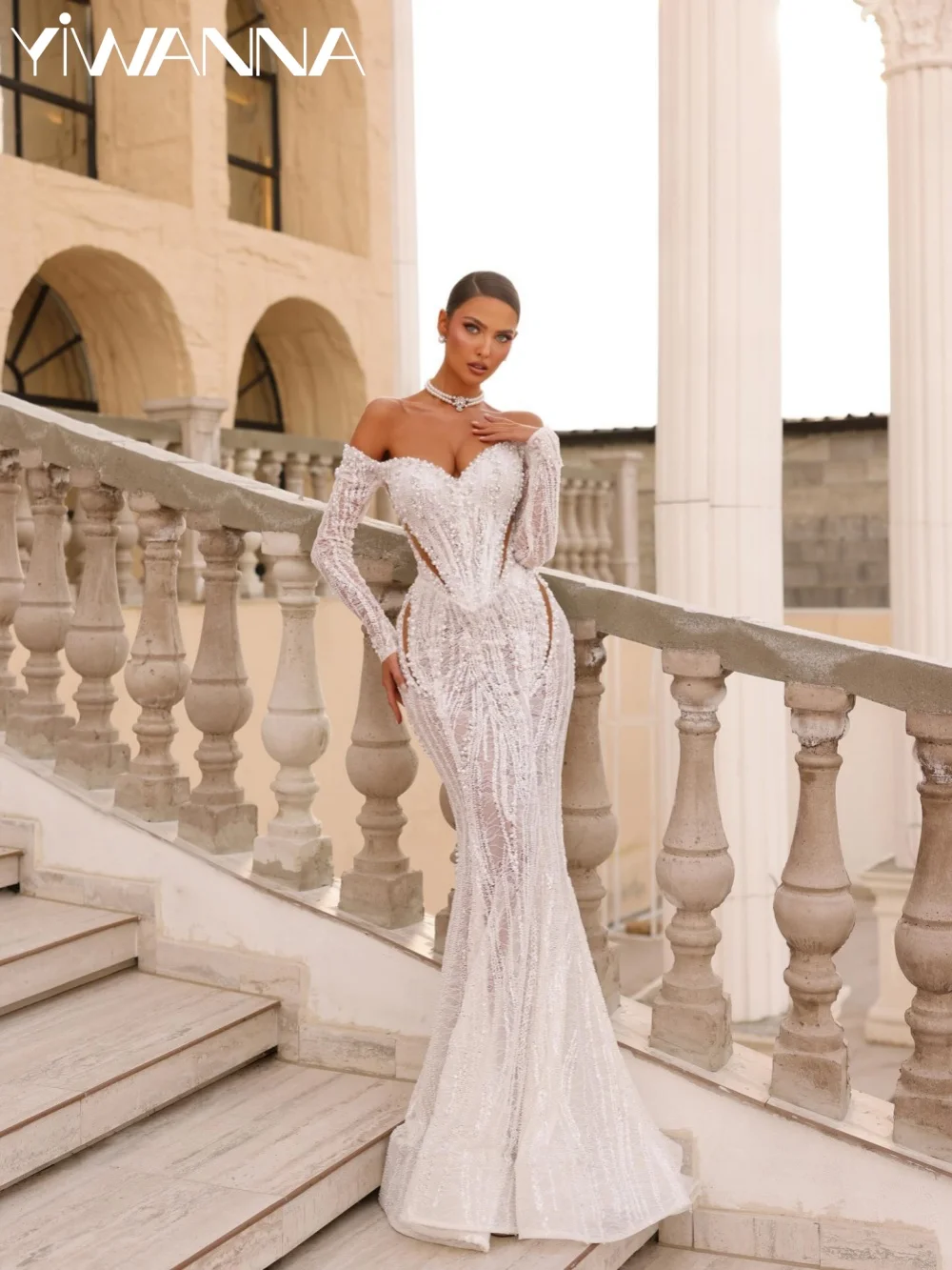 

White Embroidery Lace Wedding Dress Shimmering Pearls Off Shoulder Bridal Gown Customized Dreamy Mermaid Long Dresses For Bride