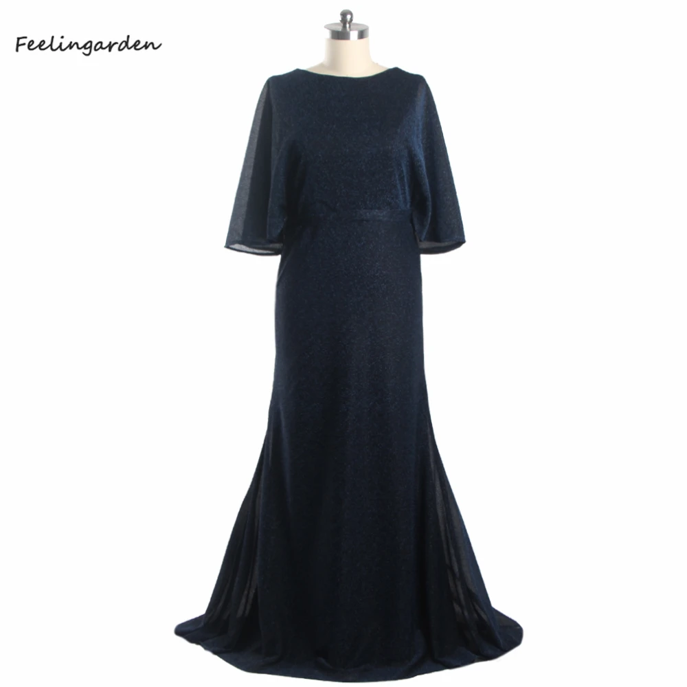 

Evening Dresses Navy Blue Bling Boat Neck Half Sleeves Zipper Back Mermaid Trumpet Floor Length Plus size Lady Party Dress D1000