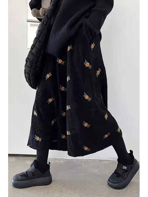 Retro Japanese Style Embroidered Corduroy A-Line Skirt Women's Autumn Winter Matching Sweater Coffee Floral Print Long S...