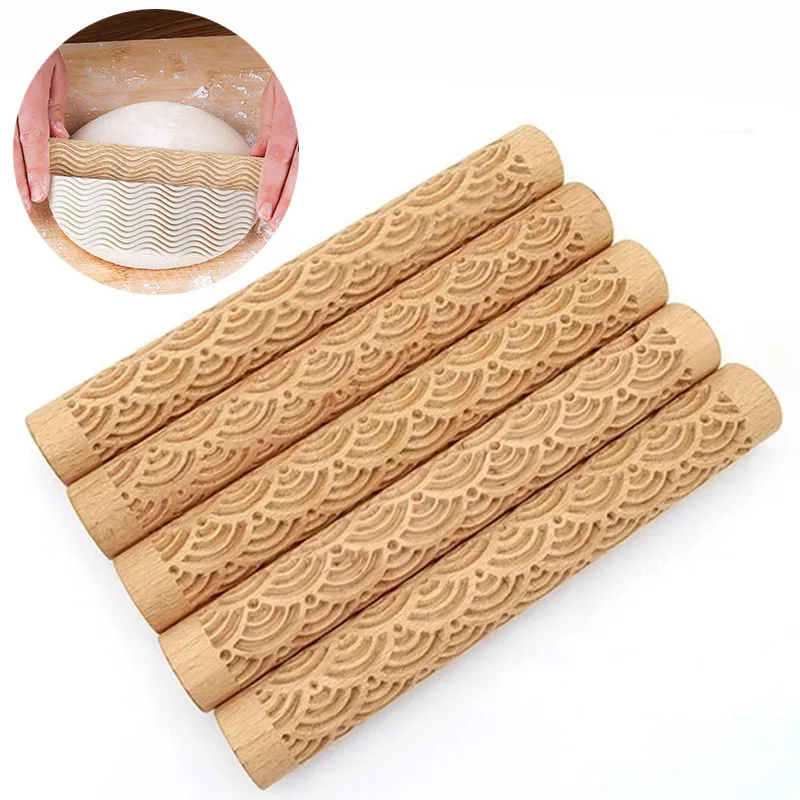 Solid Wooden Engraved Flower Pattern Embossed Rolling Pin Relief Ceramic Art Clay Rod Hand Pressure Rollers Pottery Texture Tool